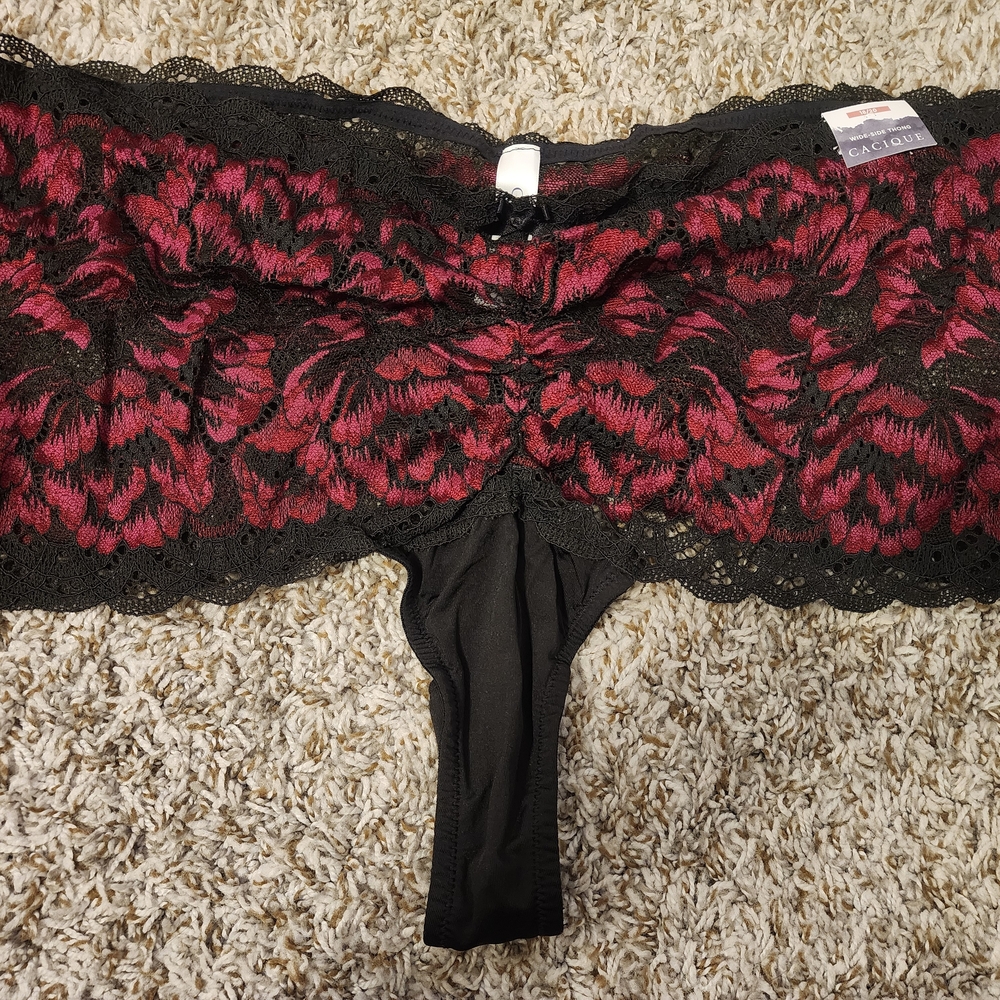 Cacique Black and Burgundy Lace Wide Side Thong